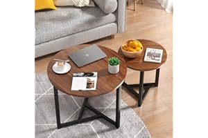 SMOOL Nesting Coffee Tables - Small Round Coffee Table Set of 2, Living Room Tables with Unique Wood Grain Top and Metal Frame, Nesting Tables for Small Spaces, Easy to Assemble, Walnut