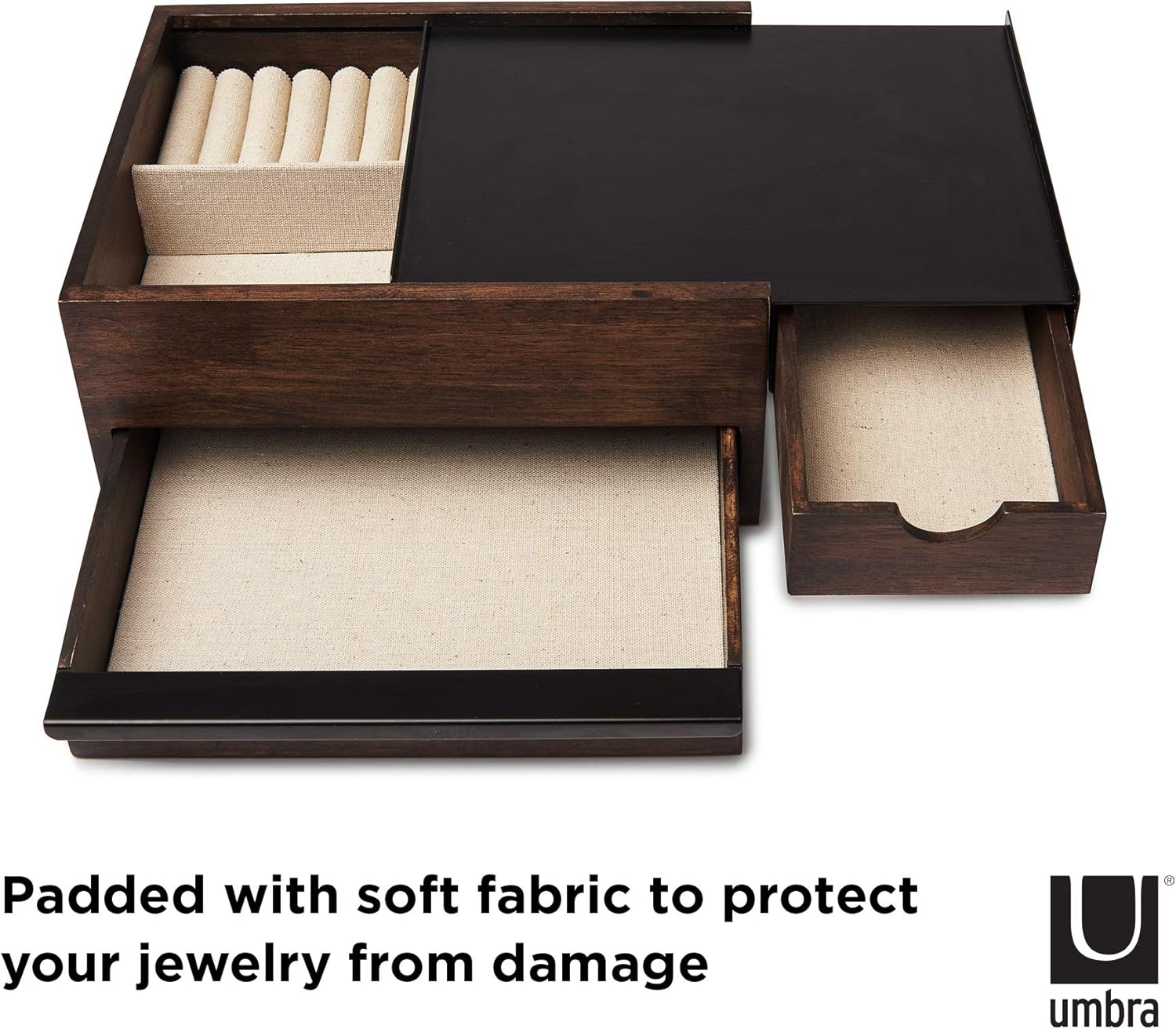 Umbra Jewelry Box - Modern Keepsake Storage Organizer with Hidden Compartment Drawers for Ring, Bracelet, Watch, Necklace, Earrings, and Accessories, Stowit, Black/Walnut: Home & Kitchen