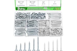 RUIBAPA 320Pcs Premium Hardware Nails & High Hardness Wood Screws Assortment Kit,11 Sizes (1/2"-2"),Phillips Drive Flat Head, Wood Screws,Galvanized,Picture Hanging,Wood,Common Nails with Storage Box