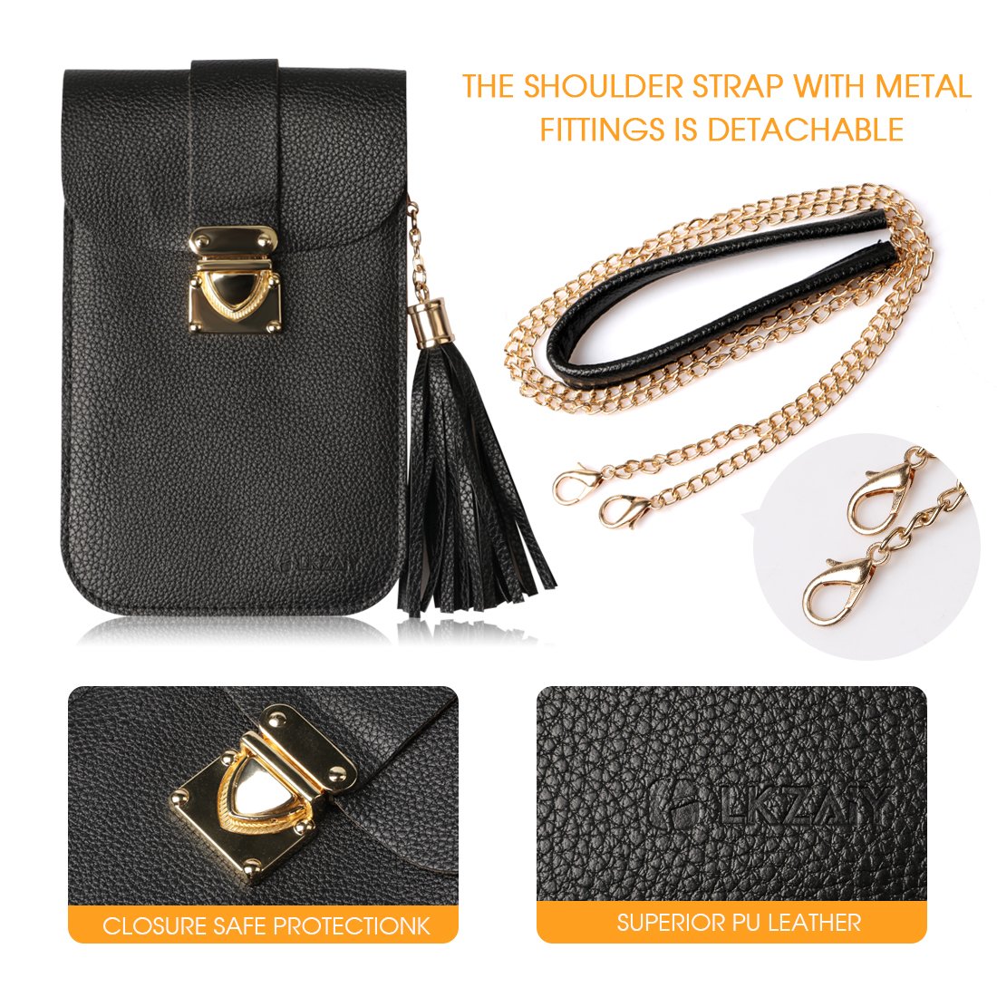 Cell Phone Bag, LKZAIY PU Leather Small Crossbody Bag with Detachable Chain Shoulder Strap Clear Purse Wallet for Women