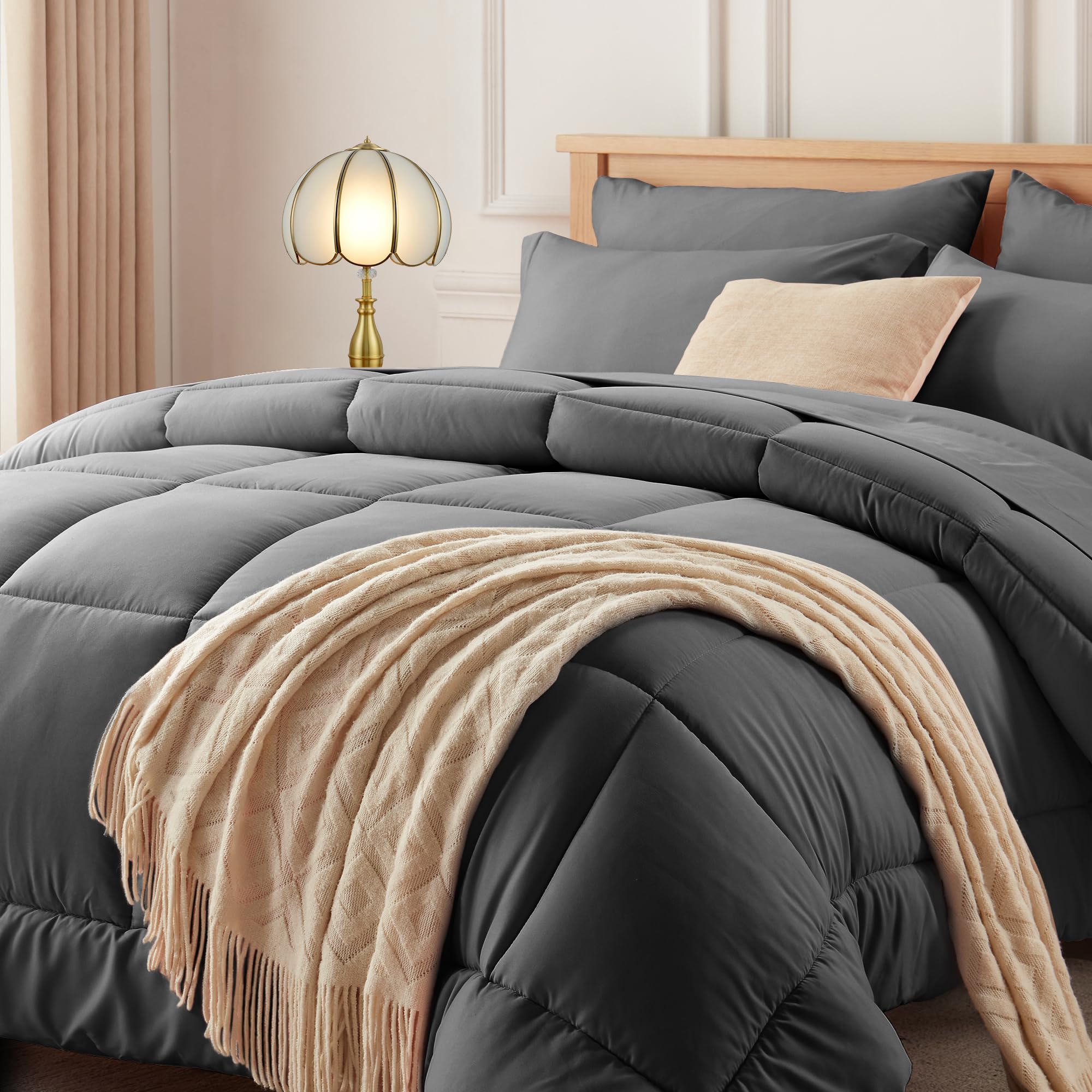 Newspin Full Comforter Set Dark Grey - Bed in a Bag Full Size 7 Pieces, All Season Bed Set, Fluffy Comforter Set with Sheets, Sheet Set Quilt Blanket, Pillowcases & Shams Image