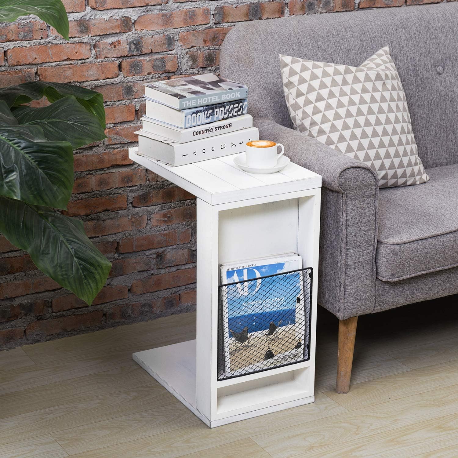 MyGift Vintage White Slatted Boards Style C-Table/Side Sofa Table with Rustic Metal Wire Magazine Holder Slot: Furniture & Decor