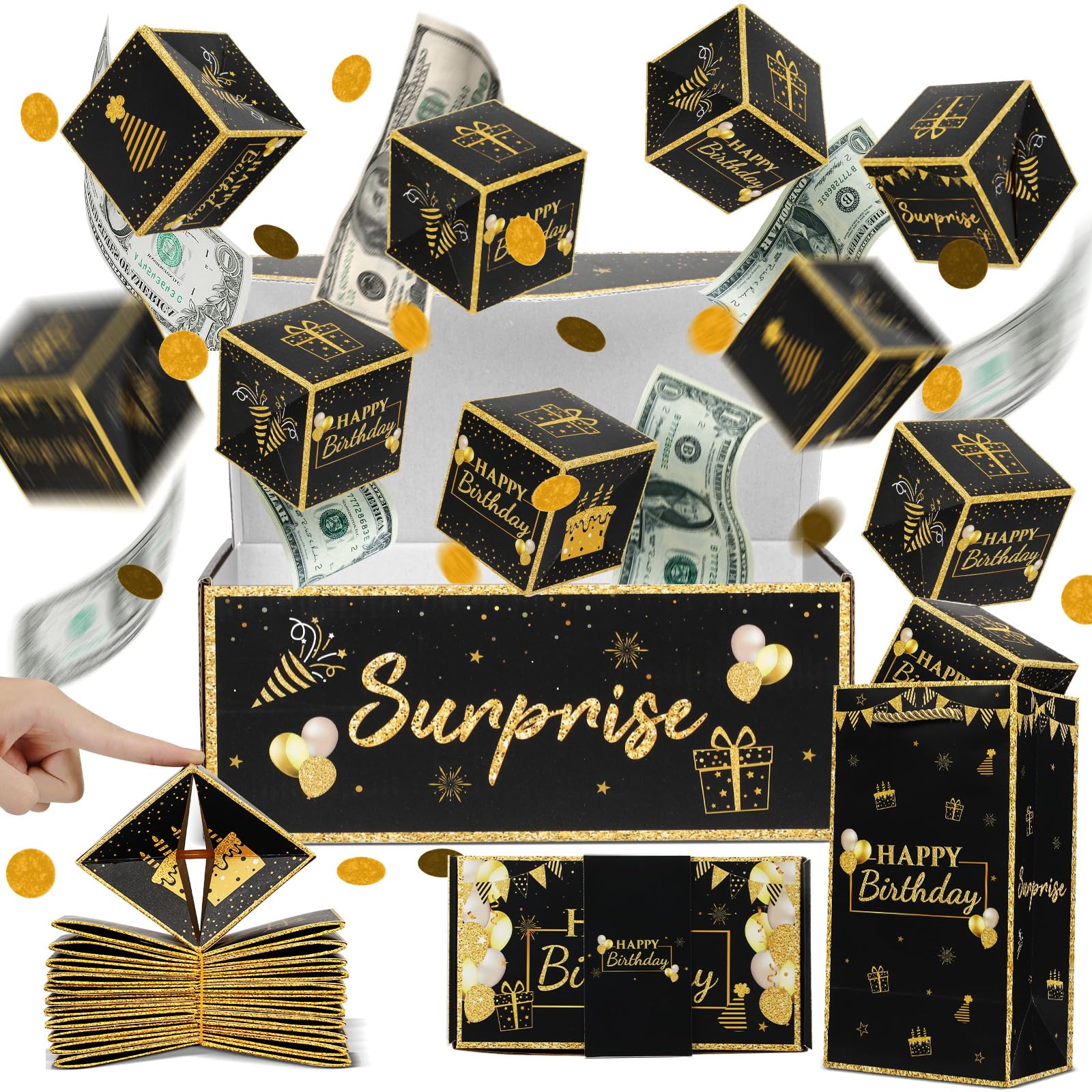 Photo 1 of Jacyan Birthday Surprise Gift Box Explosion for Money, Exploding Money Gift Box for Cash Pop up Birthday Money Explosion Box Surprise Party Gift 12 Folding Bounce Boxes for Men Women Kids, Black Gold