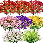 32 Bundles Artificial Flowers for Outdoors, UV Resistant Realistic Fake Silk Violet Flowers with Plastic Faux Plants Bulk for Outside Garden Yard Porch Patio Pots Window Boxes Hanging Planters Decor