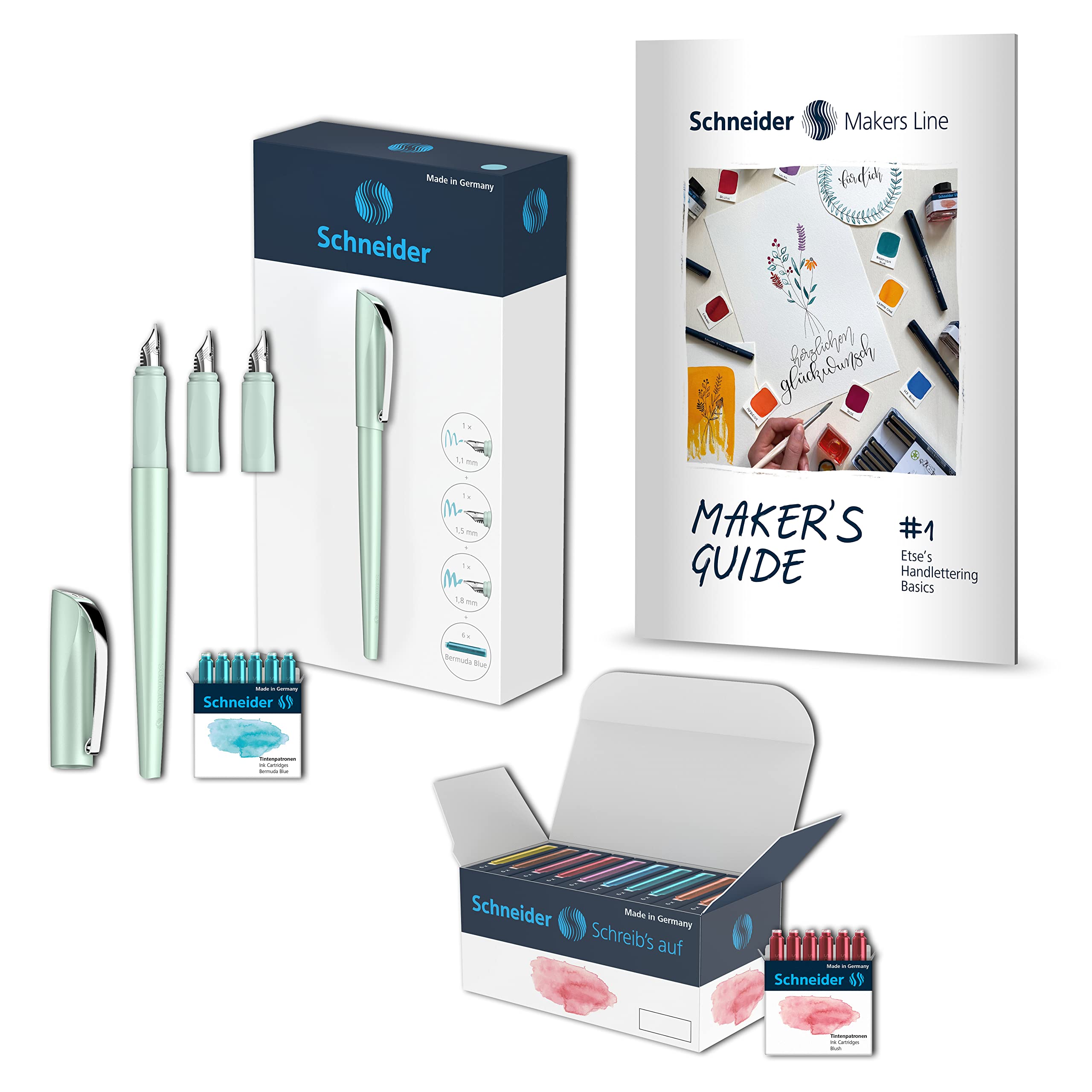 Schneider Callissima 399457 Calligraphy Set Mint (Filler with 3 Nib Widths, 66 Pastel Cartridges, Hand Lettering Guidebook), 70-Piece Set