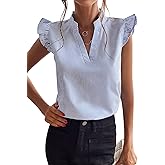 WDIRARA Women's Striped Ruffle Cap Sleeve Notched V Neck Blouse Top Shirt