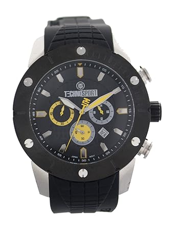 TechnoSport Unisex TS-700-6 Black Silicon Strap Watch, Black Bezel and Dial with Yellow Details