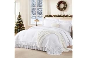 Andency White Comforter Set Queen Size, Lightweight Fluffy Farmhouse White Ruffle Bedding Set, Soft Microfiber All Season Shabby Chic Bed Comforter Set 3 Pieces(1 Ruffle Comforter 2 Pillowcases)
