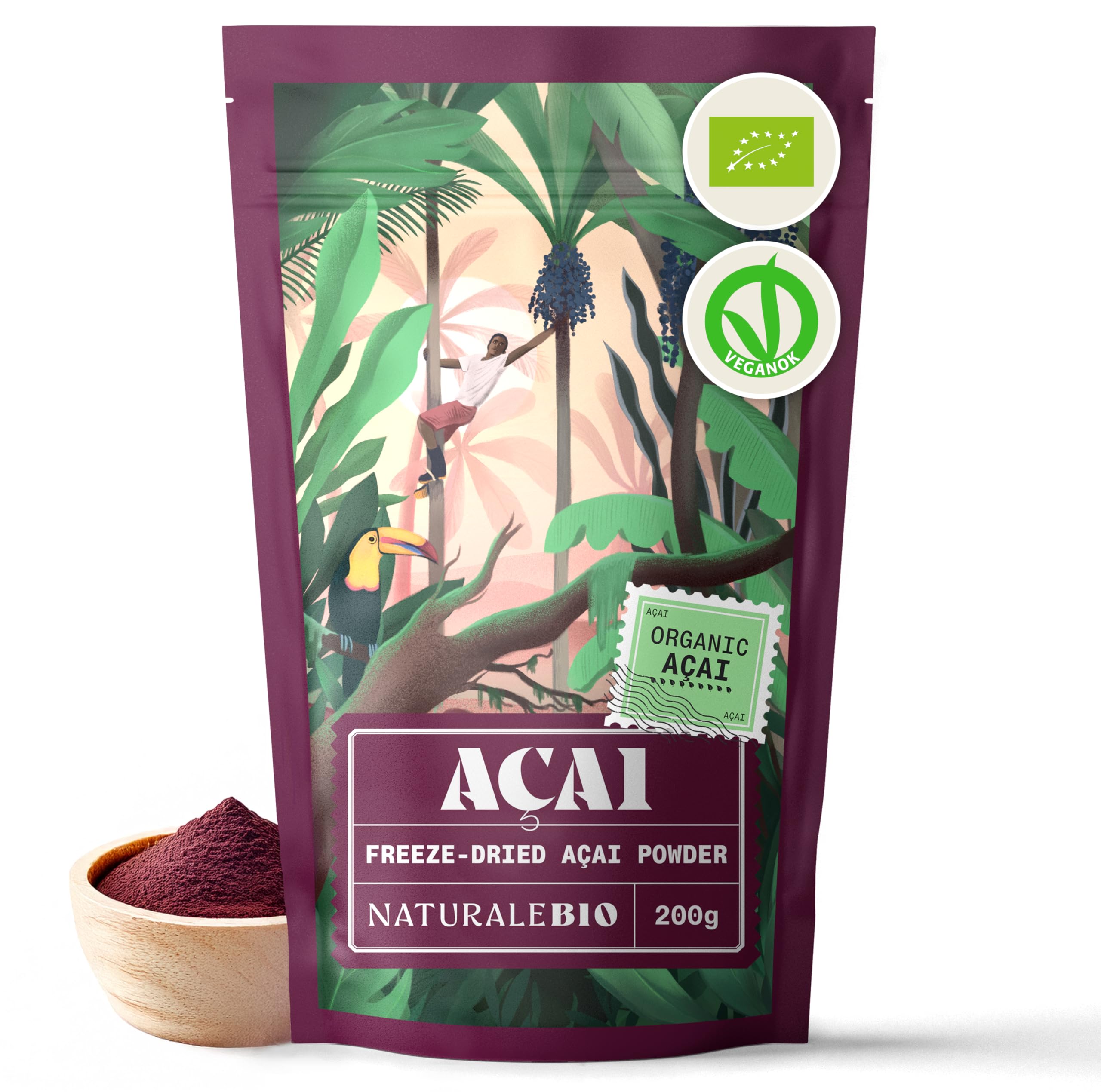 NaturalBio Organic Acai Berries Powder - Freeze-Dried - 200g. Brazilian Acai, Lyophilised, Raw. Extract from Açai Berry Pulp. Vegan & Vegetarian Friendly