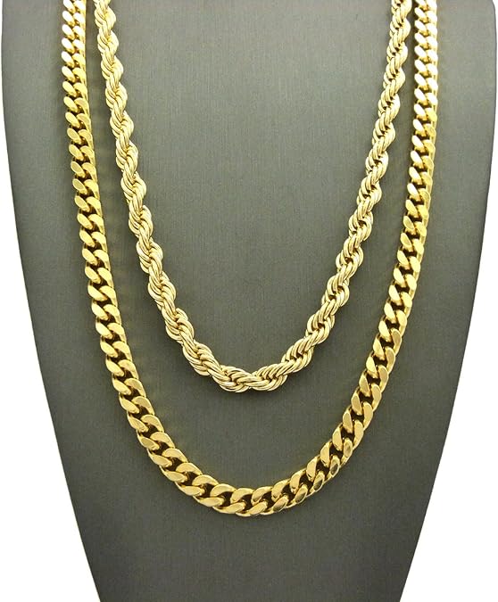 NEW 6mm/24" ROPE CHAIN & 6mm/30" BOX CUBAN CHAIN HIP HOP NECKLACE SET RC2288G