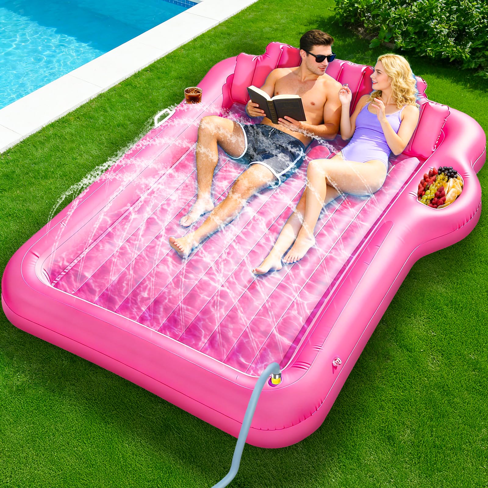 83"x63" Extra Large Inflatable Tanning Lounger Float with Sprinkler,2-Person Pool Float Adults with Backrest,Cup & Food Holder Blow Up Tanning Bed for Summer Beach Pool Party(Extra Large-Pink)