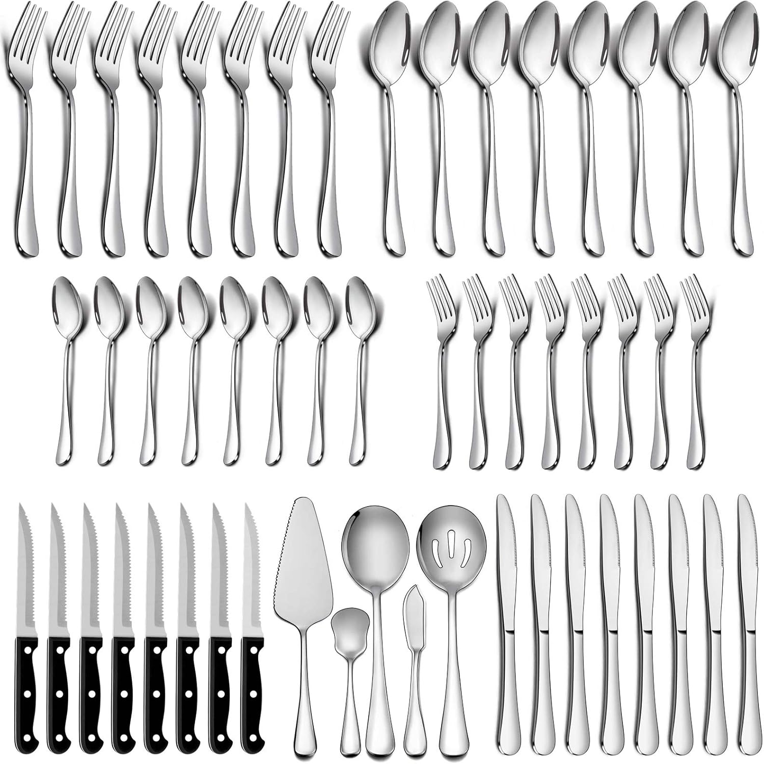 LIANYU 53-Piece Silverware Set with Steak Knives and Serving Utensils, Stainless Steel Flatware Cutlery Set Service for 8, Eating Utensil Set for Home Party Wedding, Dishwasher Safe, Mirror Finished: Kitchen & Dining