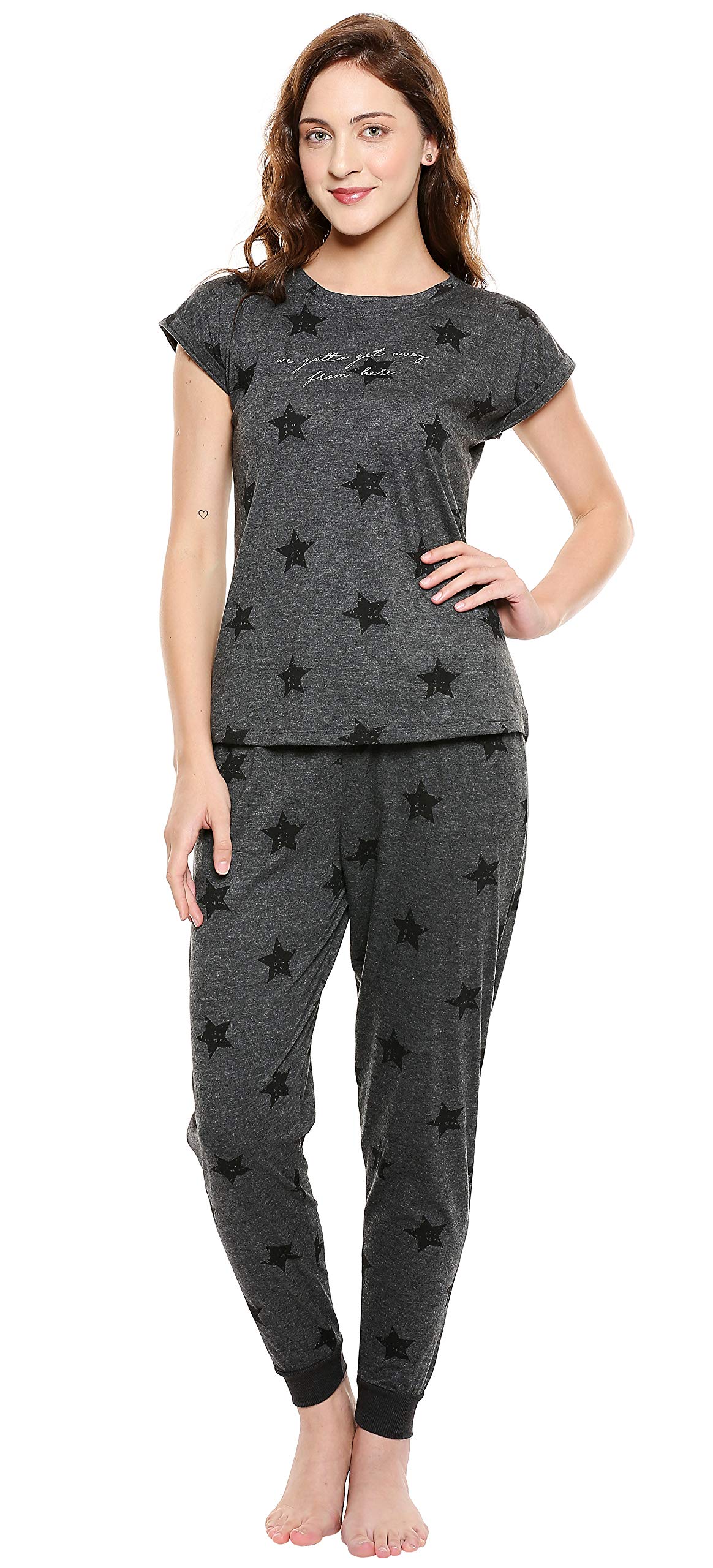 Zeyo Womens Cotton Charcoal Black Star Printed Night Suit