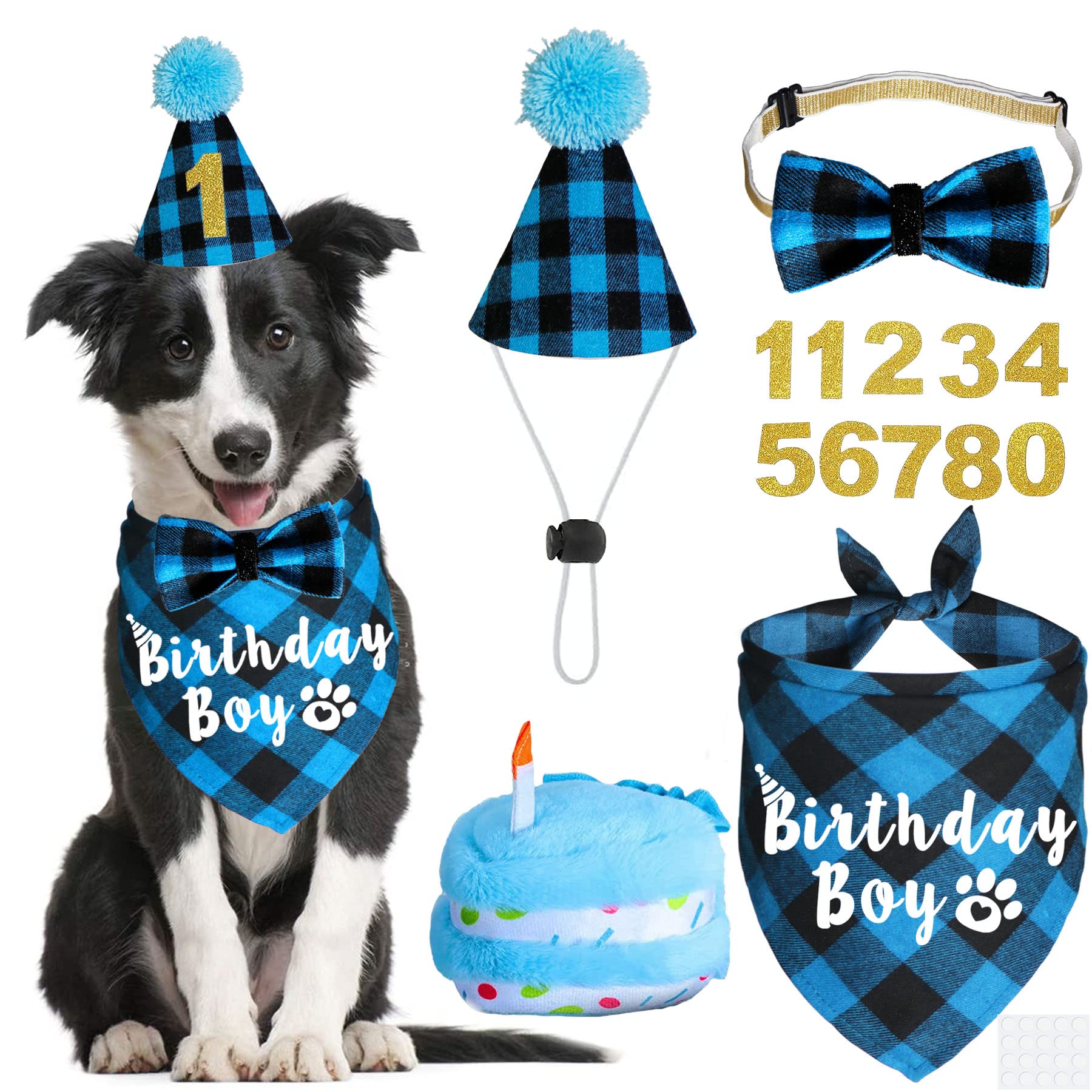 JOTFA Dog Birthday Party Supplies, Dog Birthday Boy Bandana with Dog Birthday Number Hat Bowtie Dog Birthday Cake Squeaky Toy for Small Medium Large Dogs Pets