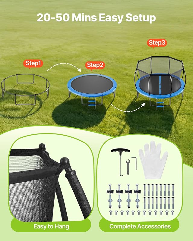Trampoline d'extérieur, 305 x 305 cm, Trampoline de Loisirs antirouille avec Filet de sécurité et Coussin épais, certifié ASTM, capacité de Charge maximale de 150 kg, pour Enfants et Adultes