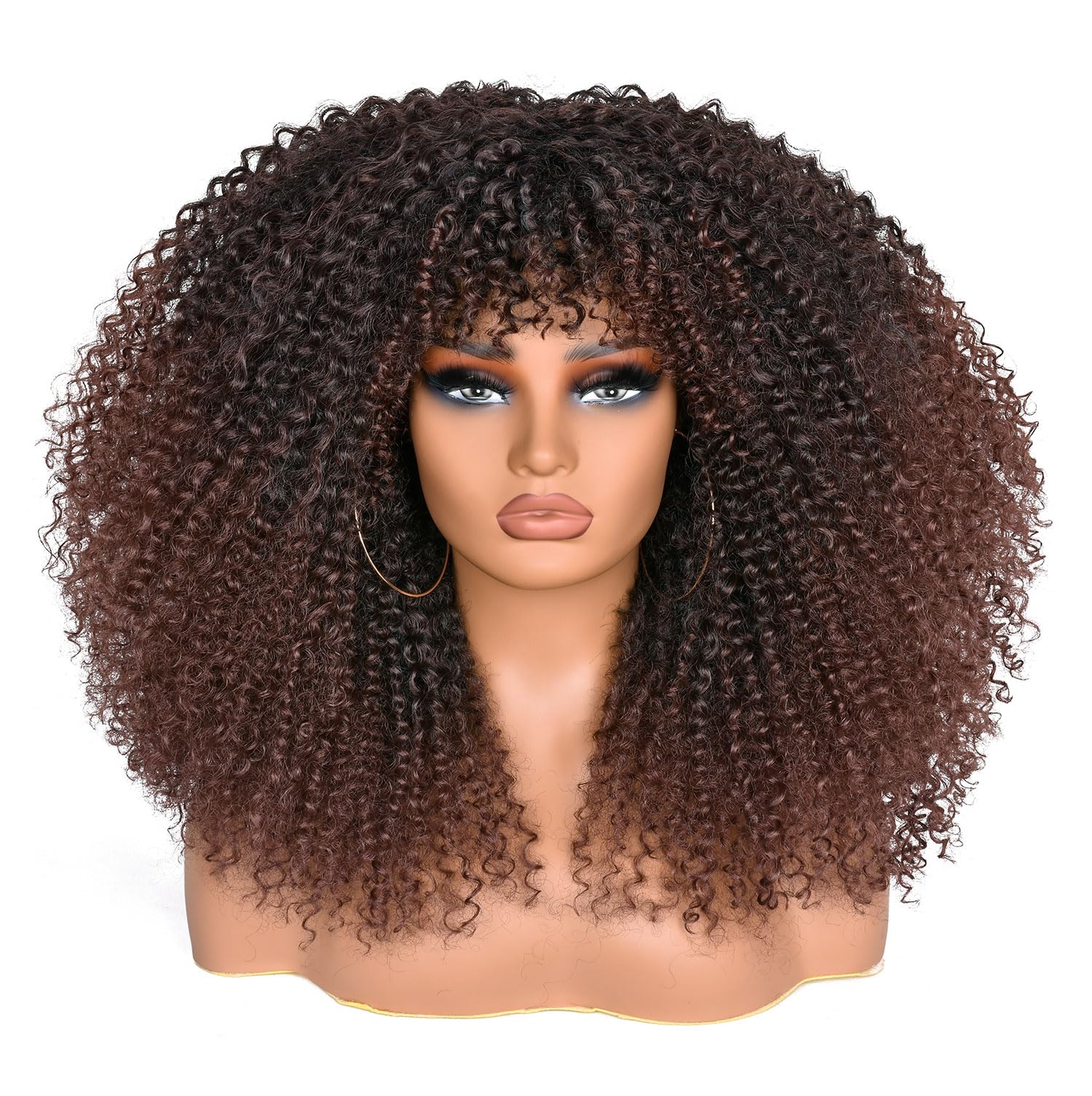 Lizzyhair Afro Wigs for Black Women 18 Inch Curly Bomb Wig with Bangs Synthetic Fiber Glueless Long Kinky Curly Hair Wig for Daily Party (Dark Brown)