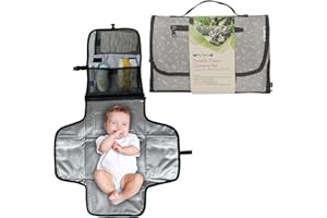 Enovoe Portable Diaper Changing Pad for Baby - Convenient, Durable, Waterproof Travel Changing Mat with Built-in Head Pillow for Your Infant - Grey Leaf Design (Nylon)