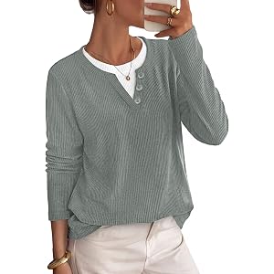 OFEEFAN Long Sleeve Shirts for Womens Sweaters Early Fall Fashion Tunic Tops Winter Clothing Color Block Henley Neck