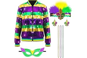 Berlune 7 Pcs Mardi Gras Outfit Accessories Women Sequin Jacket Beads Necklaces Headband Earrings Eye Mask for Carnival