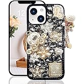 Guppy for iPhone 14 Bling Glitter Case,Luxury Diamond Rhinestone Gemstone 3D and Flower Gemstone Pumpkin Car Tower Pearl Soft TPU Back Cover Case for Women Black