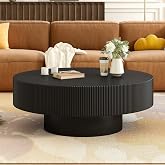 SOFTSEA Round Coffee Table, 31.5&ldquo; Fluted Center Table, Accent Wood Tea Table with Sturdy Pedestal for Living Room, Bedroom, Office, Apartment, Black
