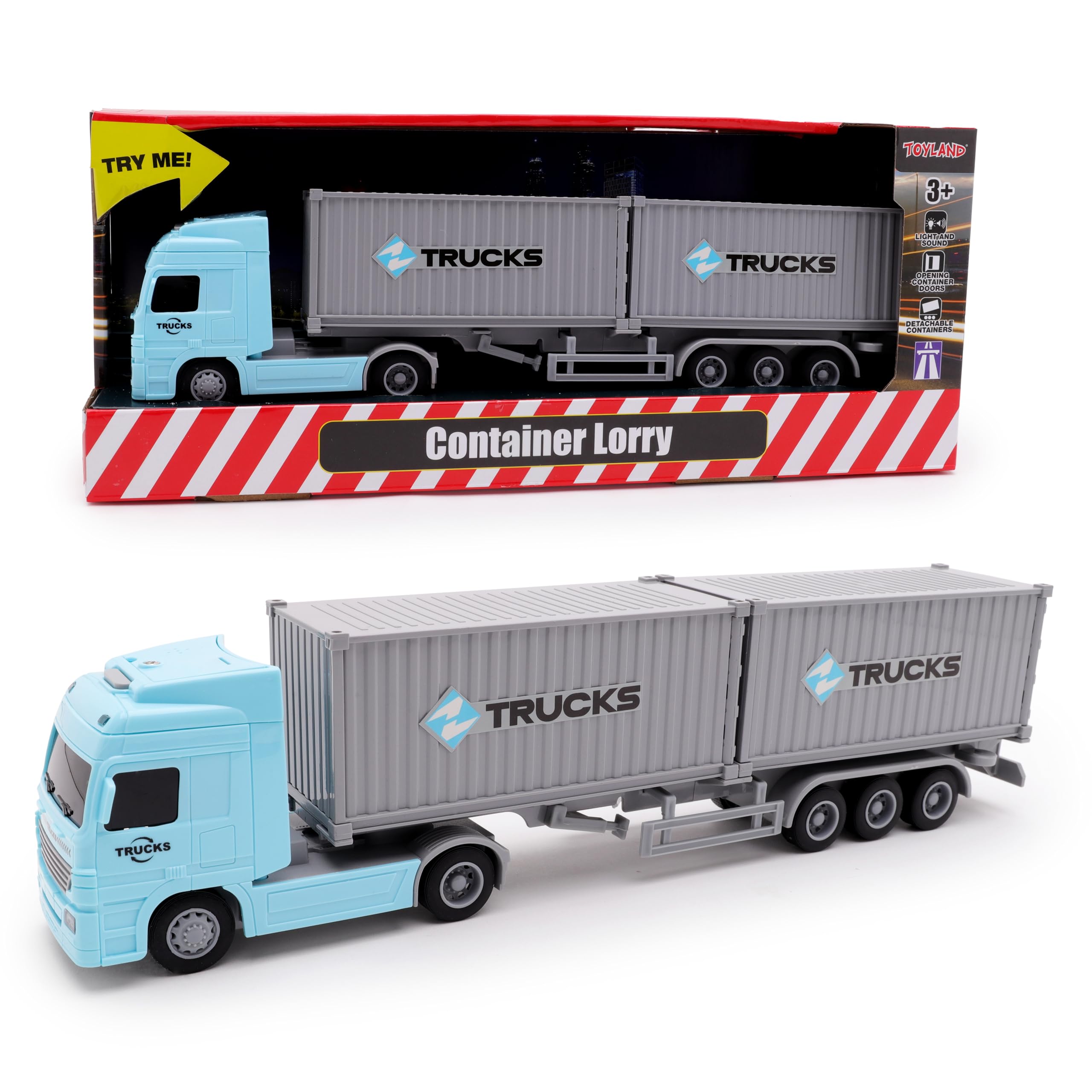 Toyland® 34cm (13") Friction Powered Container Transport Truck - Large 1:50 Scale Toy Vehicle with 2 Detachable Containers & Realistic Light & Sounds - Durable Kids Toy