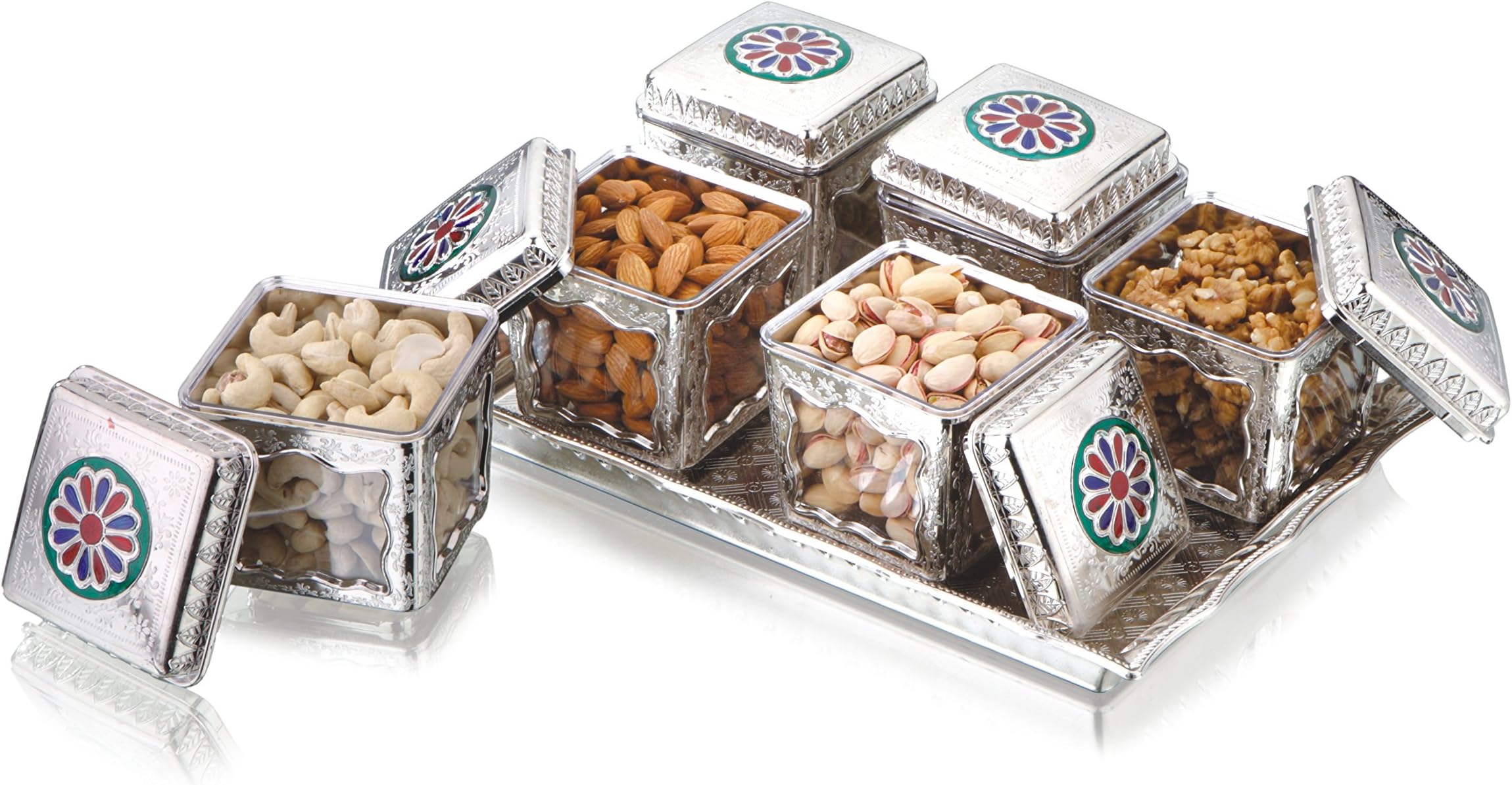 Sukhson India Plastic Multipurpose Silver Finished Containers Set with Tray (30x22x2cm, Multicolour)