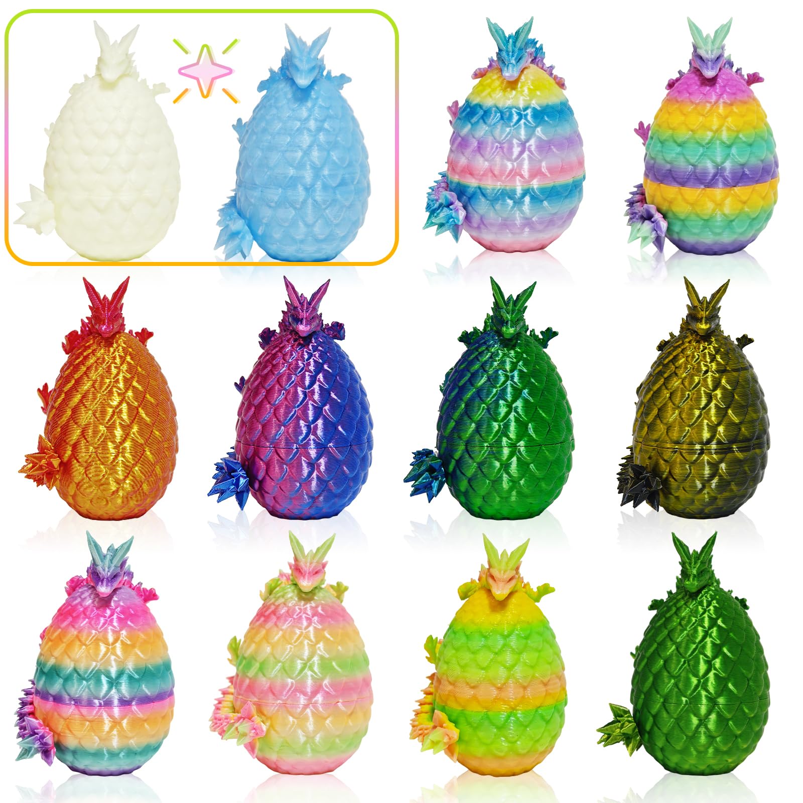 12PCS 3D Printed Easter Eggs with Dragons Inside, Easter Surprise Dragon Eggs, 3D Printed Animals, Easter Basket Stuffers,Fidget Toys Gifts