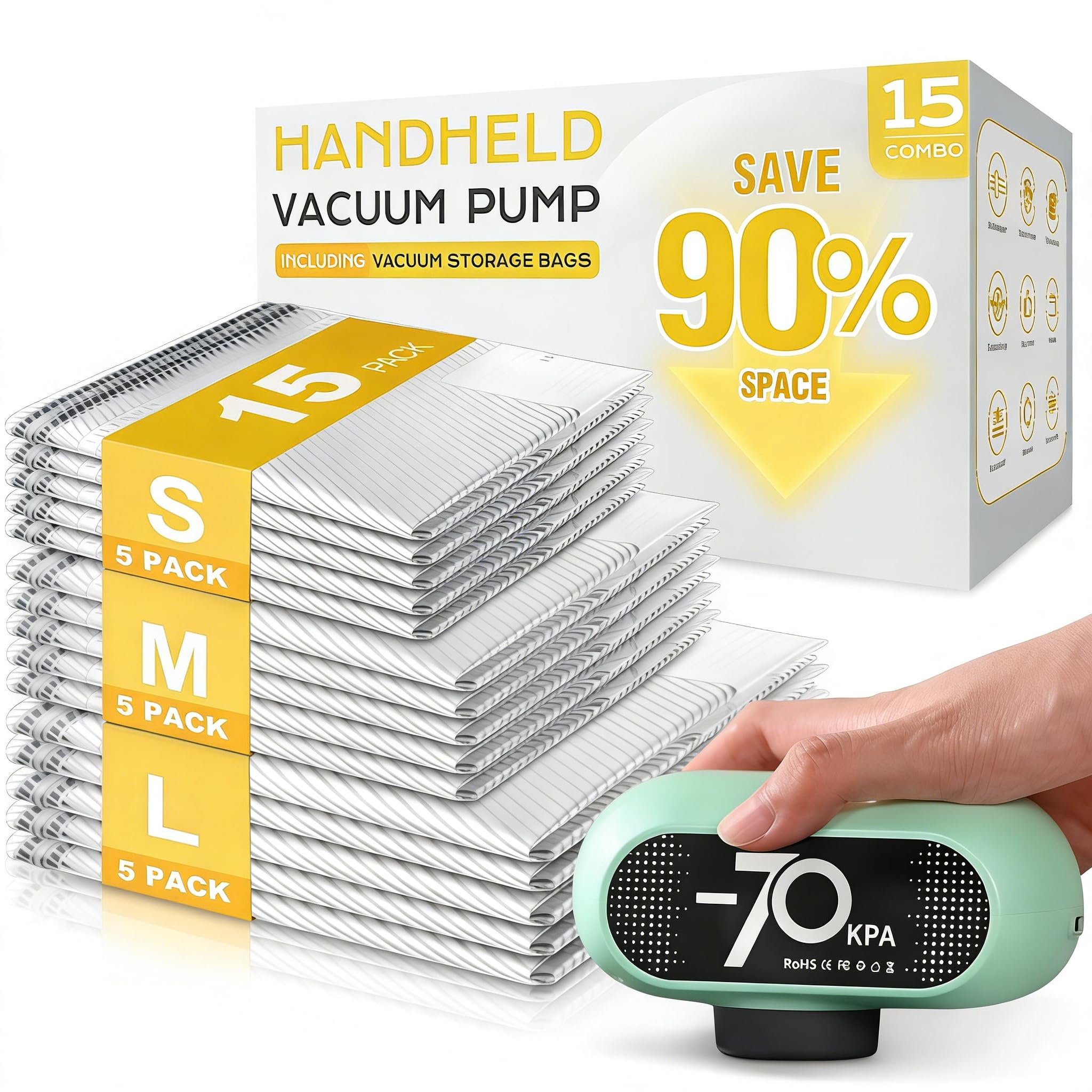 15 Pack Vacuum Seal Bags for Clothing Travel with -70KPa Electric Pump, Space Saver Storage, Reusable Vacuum Bags with Pump, Heavy Duty for Travel, Green