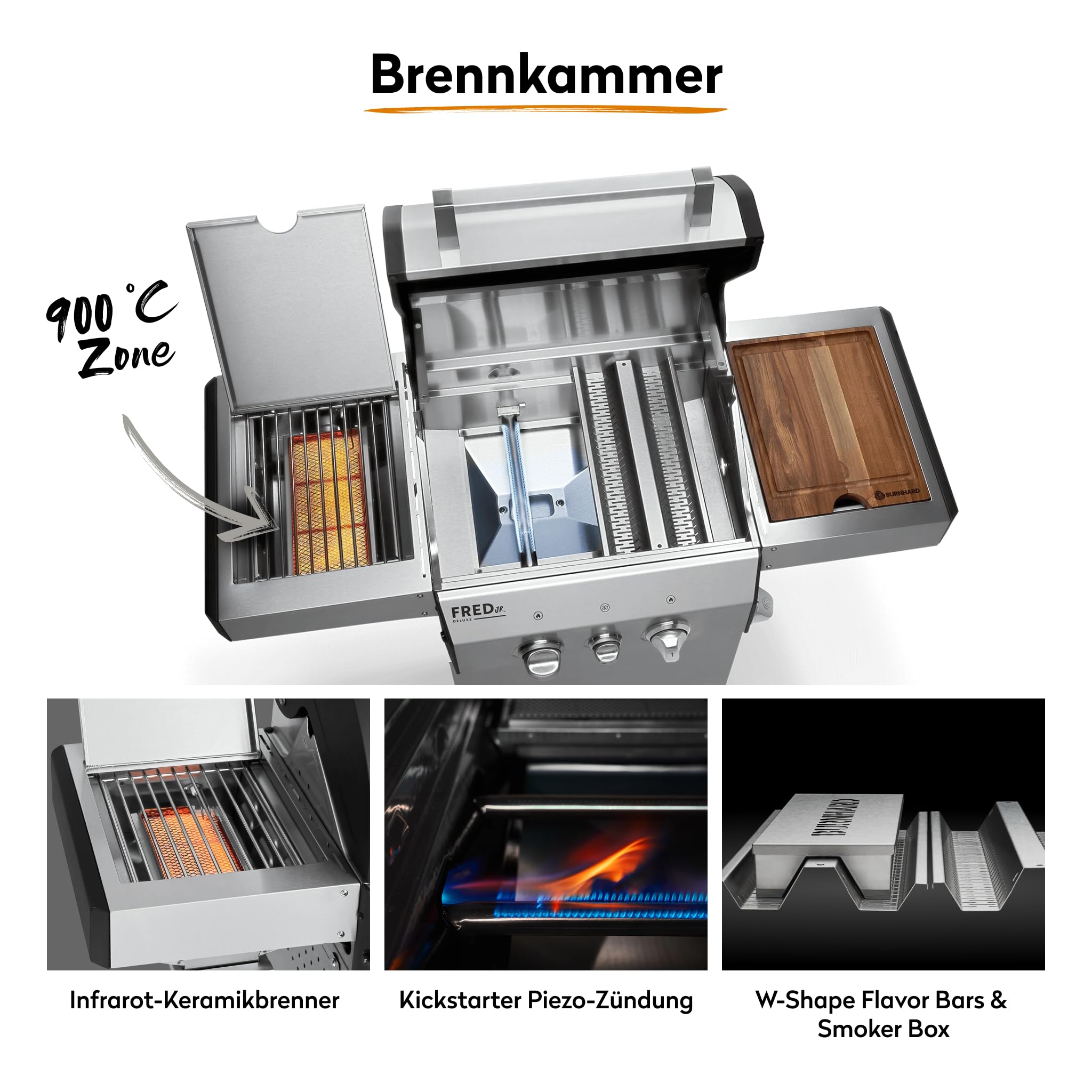 BURNHARD 2-Brenner Gasgrill FRED Jr. Deluxe Series 3 inkl. 900°C Infrarot-Keramikbrenner, Edelstahl-Grillrost, Grillabdeckung, Edelstahl Grillwagen + klappbare Seitentische 4