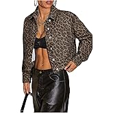 Floerns Women's Leopard Denim Jacket Long Sleeve Button Up Boyfriend Jean Jacket Coat