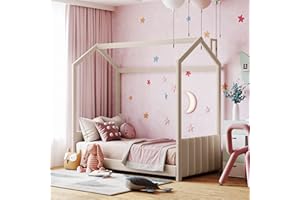 DEINPPA Twin Size Princess House Bed with Velvet Fabric Upholstered Tufted Headboard and Footboard, Kids House Bed Frame with Roof Design, for Kids Boys Girls-Beige