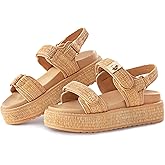 VARECOLA Women’s Platform Sandals, Raffia Comfortable Chunky Flat Woven Sandals Open Toe Shoes for Summer Beach