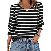LilyCoco Striped Shirt Women 3/4 Sleeve Boat Neck Casual Tunics Loose Fit T Shirt