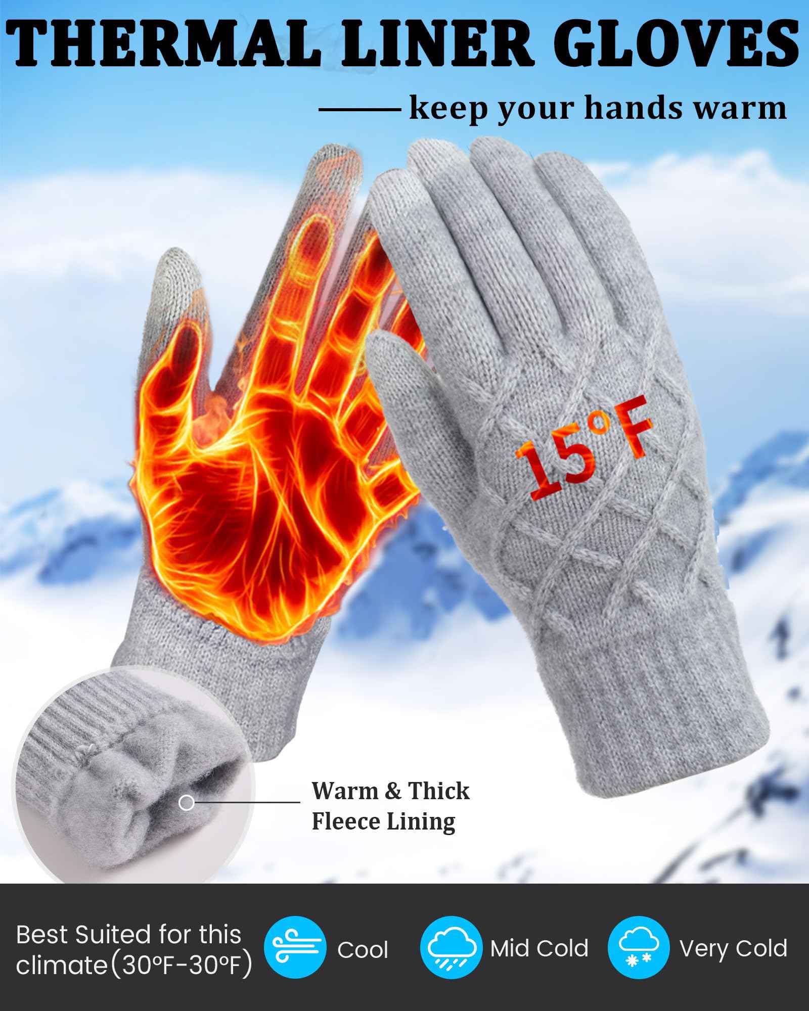 REACH STAR 2 Pairs Winter gloves for women Touch screen Elastic Thermal knit Lining Warm Gloves for Cold weather