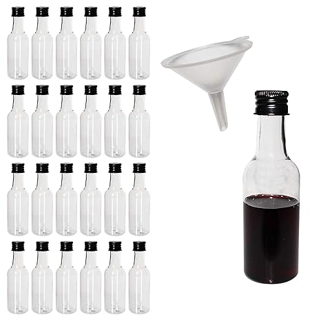 Belle Vous 24 Likörflaschen - 55ml Leere Mini Kunststoff Schnapsflaschen mit Schwarzem Deckel und Trichter zum Befüllen von F