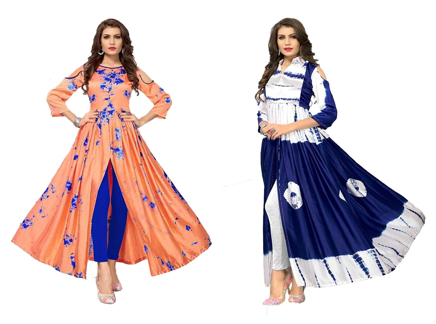kesari king women's pack of 2 readymade satin printed gown(orange,blueround)