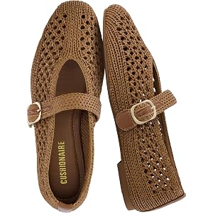 CUSHIONAIRE Monet Woven Mary Jane Flats for Women, Comfortable Ballet Flats with Adjustable Gold-Tone Buckle Strap and Memory