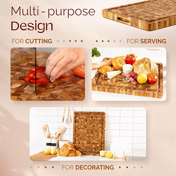 YES4ALL MEDIUM END GRAIN TEAK CUTTING BOARD FOR KITCHEN, 17”L X 13”W X 1.5” THICK, DURABLE WOOD WITH JUICE GROOVES, PRE-OILED, EASY GRIP HANDLES, ESSENTIAL KITCHEN UTENSILS SET