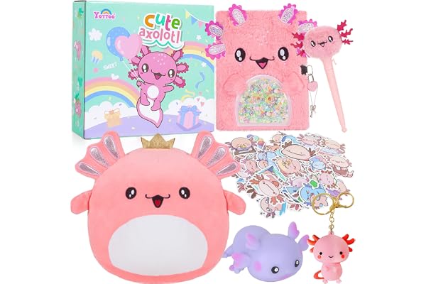 YOYTOO Axolotl Gifts for Girls, Kids Axolotl Plush Toys with Secret Diary, Ballpoint Pen, Stickers, Birthday Gifts for Little Girls Age 5 6 7 8 9 10-12 Years Old