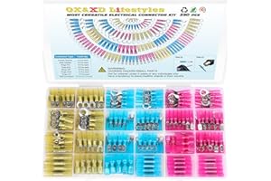 QX&XD LIFESTYLES 250PCS Heat Shrink Wire Connectors,Electrical Terminals Kit,Waterproof,Automotive Marine Electrical Terminals Kit,Ring Fork Hook Spade Butt Splices,Tinned Red Copper,12-10,16-14,22-16 (250PCS)