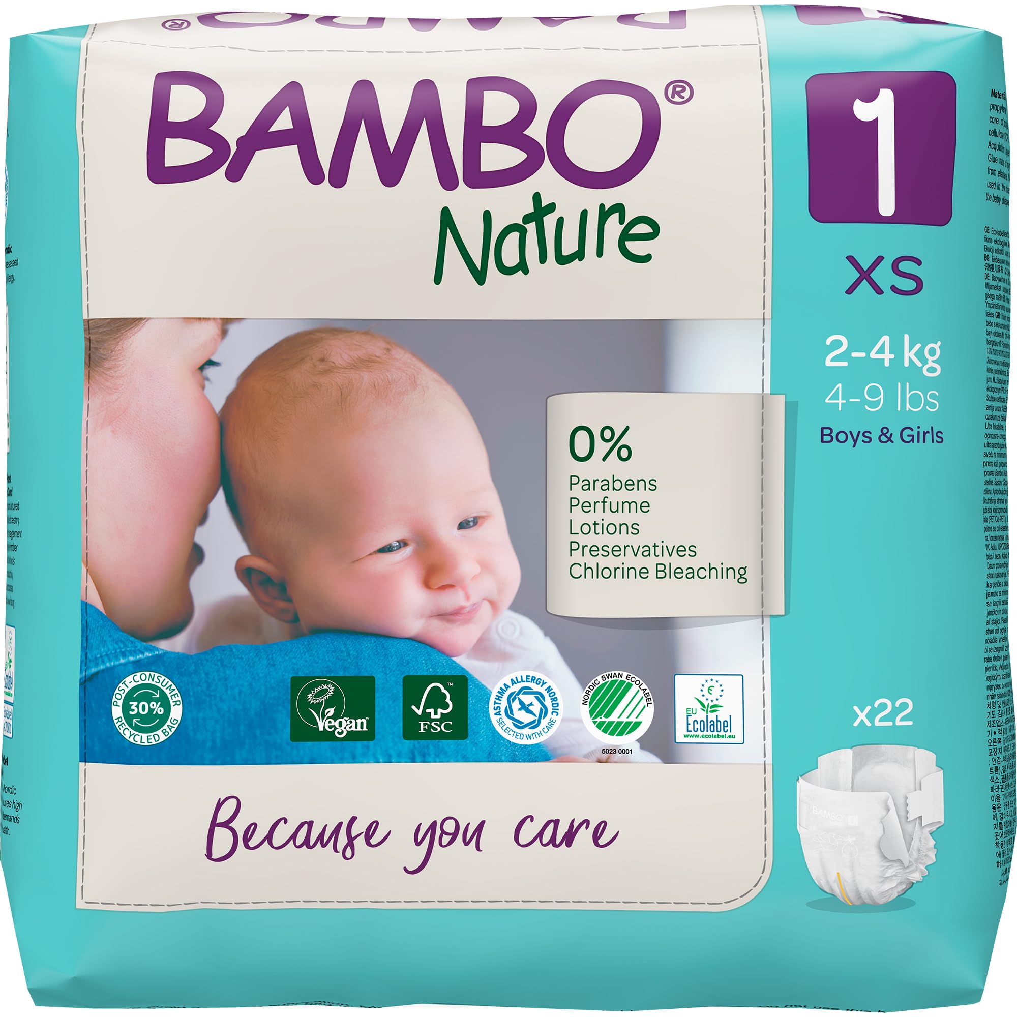 Bambo Nature Premium Eco Nappies, Eco-Labelled Newborn Nappies, Enhanced Leakage Protection, Secure & Comfortable Baby Nappies, Newborn Essentials - Size 1 Nappies (4-9 lb/2-4 kg), 22PK