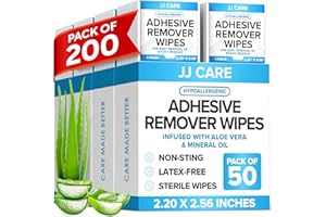 JJ CARE Adhesive Remover Wipes (Pack of 200) 2.2” x 2.56 Inches, Adhesive Remover for Skin, No Sting Medical Adhesive Remover, Ostomy Adhesive Remover for Sensitive Skin - Individually Packed