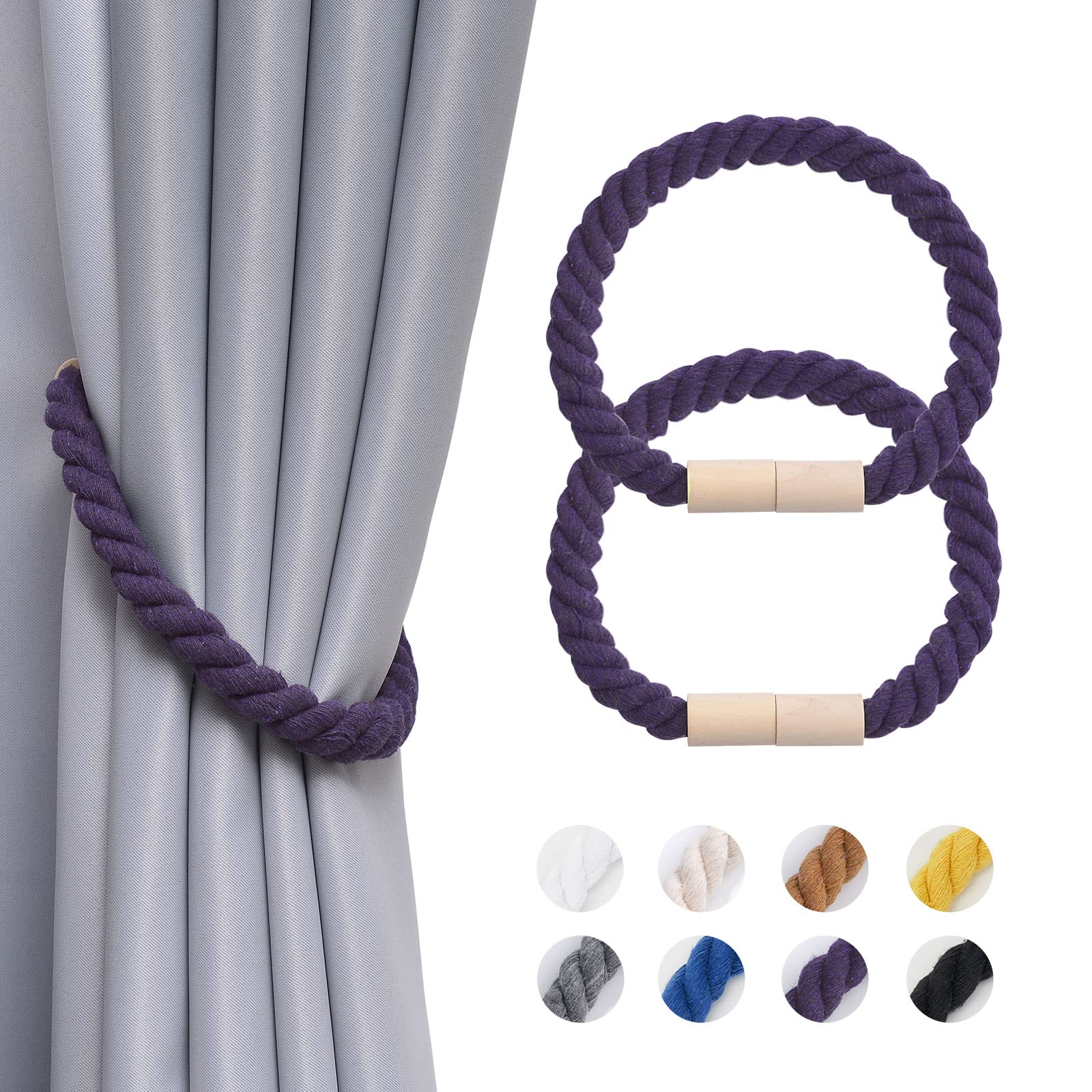 Pretty Jolly 2 Pack Wooden Magnetic Curtain Tiebacks Boho Home Decoration Drape Tie Backs Natural Cotton Handmade Rope Curtain Holdbacks for Thin or Thick Home & Office Window Drapery (Purple)