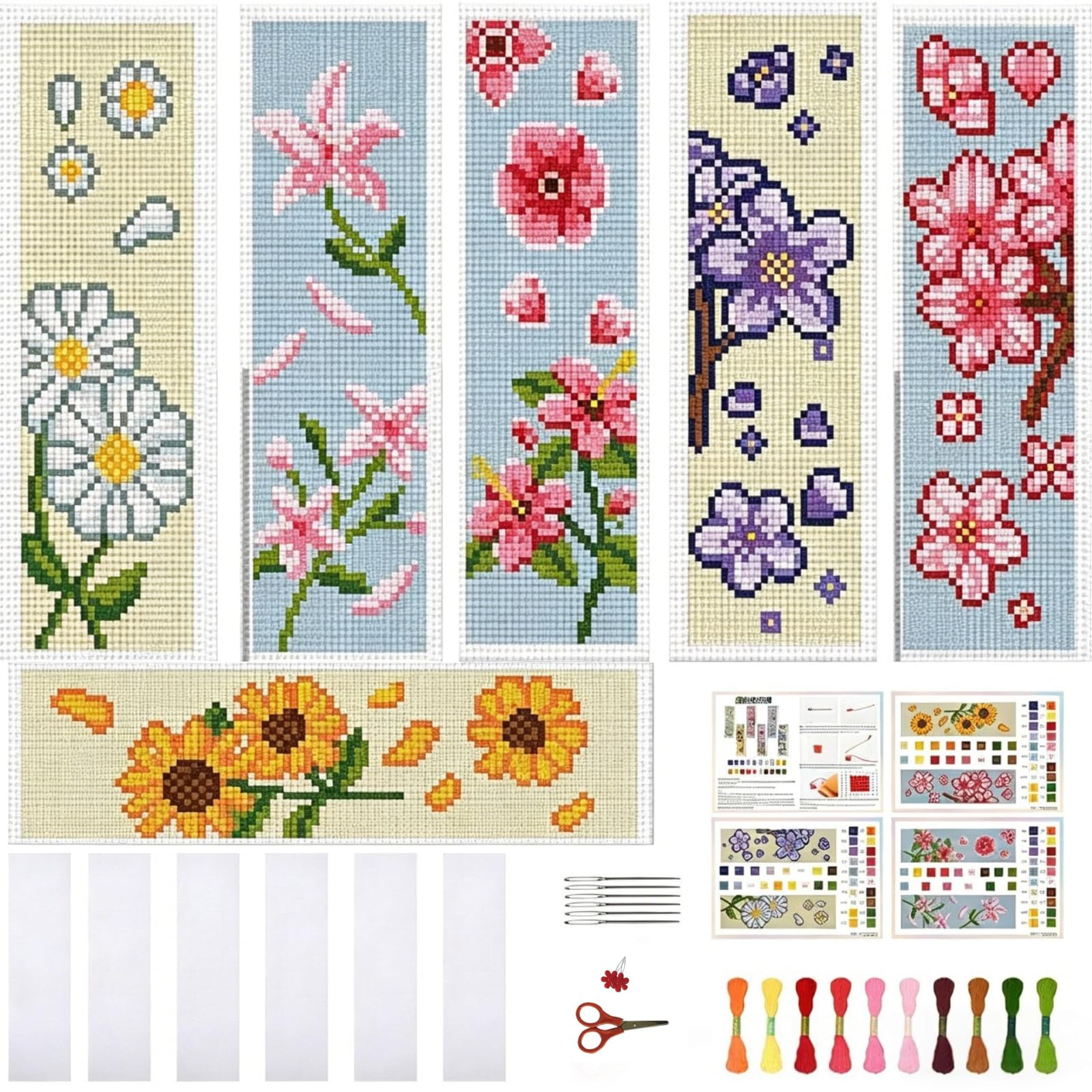 FREEBLOSS 6 Set Cross Stitch Kits Sunflower Bookmark with Instructions Cross Stitch Bookmark Kit for Beginner Adults Embroidery Kit for Gift Making Kit