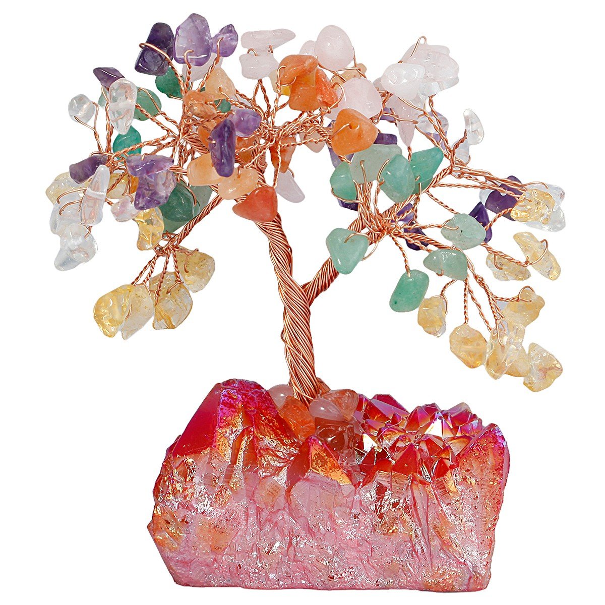 mookaitedecor Natural Chakra Crystal Money Tree with Red Titanium Quartz Crystal Base, Gemstone Feng Shui Ornaments Small Bonsai Tree Chakra Tree of Life Red Ornament Good Luck Healing Crystal Gift