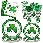 Norme 219 Pcs St. Patrick's Day Plates and Napkins Party Tableware Supplies Irish Green Shamrock Dinnerware 7'' 9'' Paper Plates Disposable Knives Forks Spoons Napkins Cups Straws for 24 Guests
