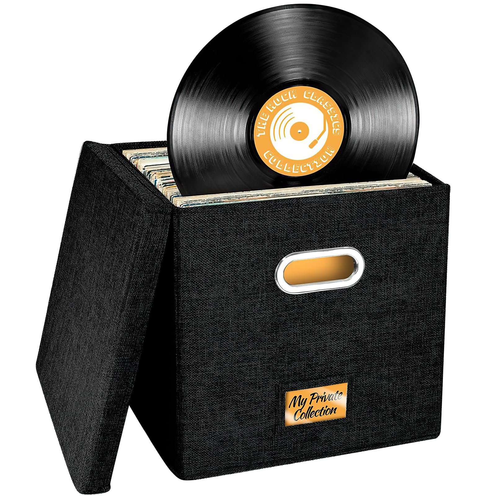 Aolawco 12-inch Vinyl Record Storage Box, Folding LP storage boxes Holds up to 100+ Single Records, CD Storage Case, Records Organizer for Albums, CDs, Passports - Black (Patented Design)
