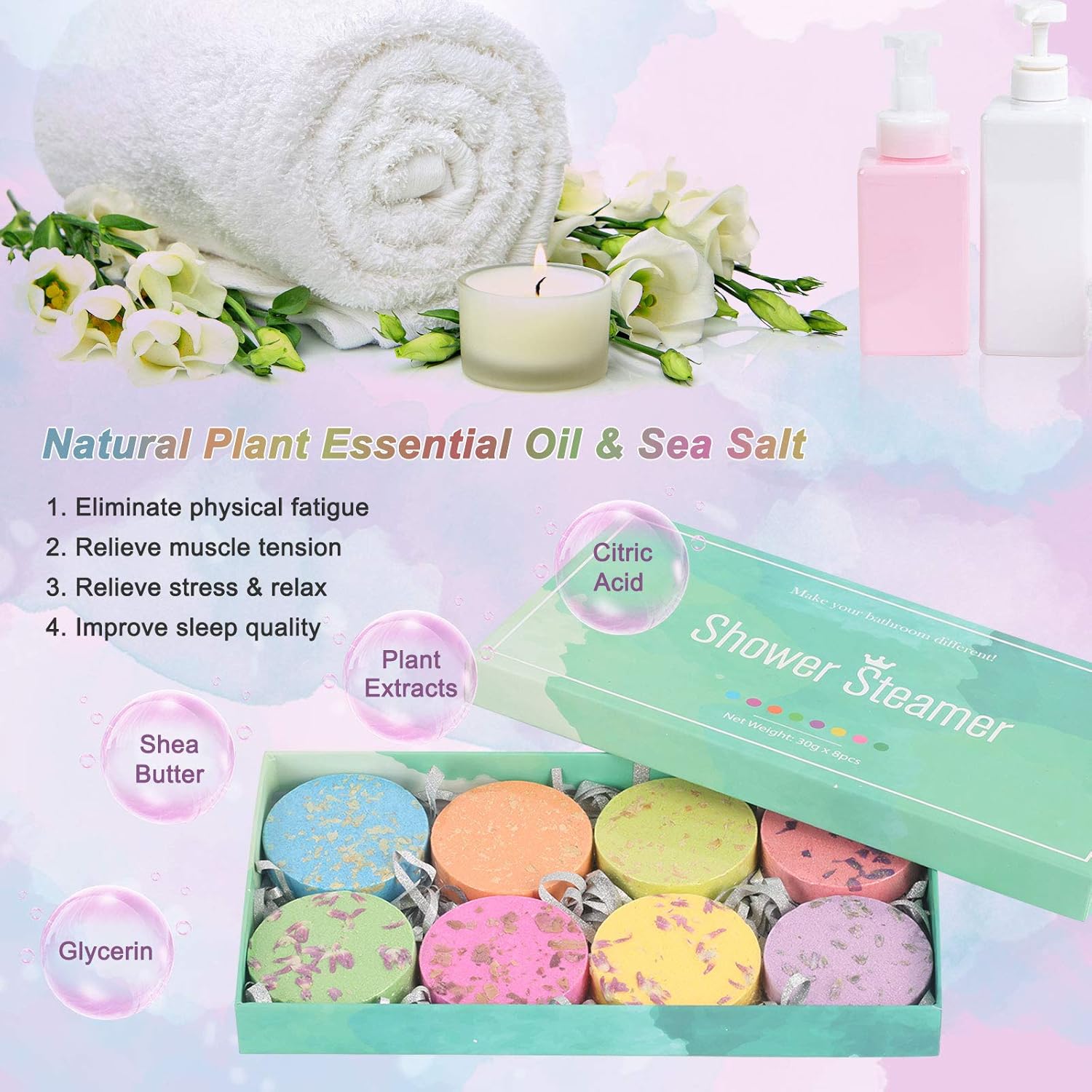 Eenten 8 Pcs Shower Steamer Set Natural Home Spa Tablets Sweet Spa Gifts for Relaxation Stress - Enjoy The Shower: Health & Personal Care