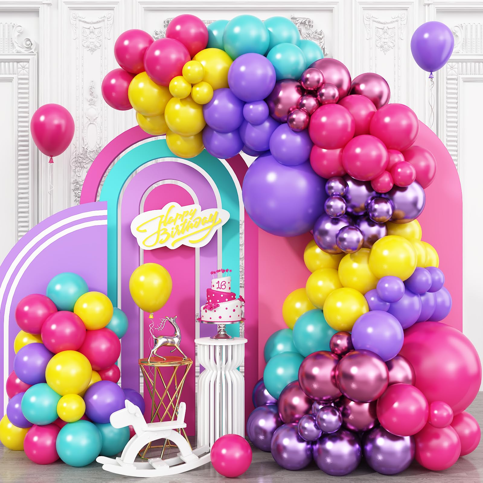 Pink Blue Purple Yellow Balloon Arch Kit, Hot Pink Teal Blue Metallic Purple Magenta Balloons Garland Kit, Rainbow Balloon for Kids Magic Theme Birthday Decoration Baby Shower Engagement Party Supply